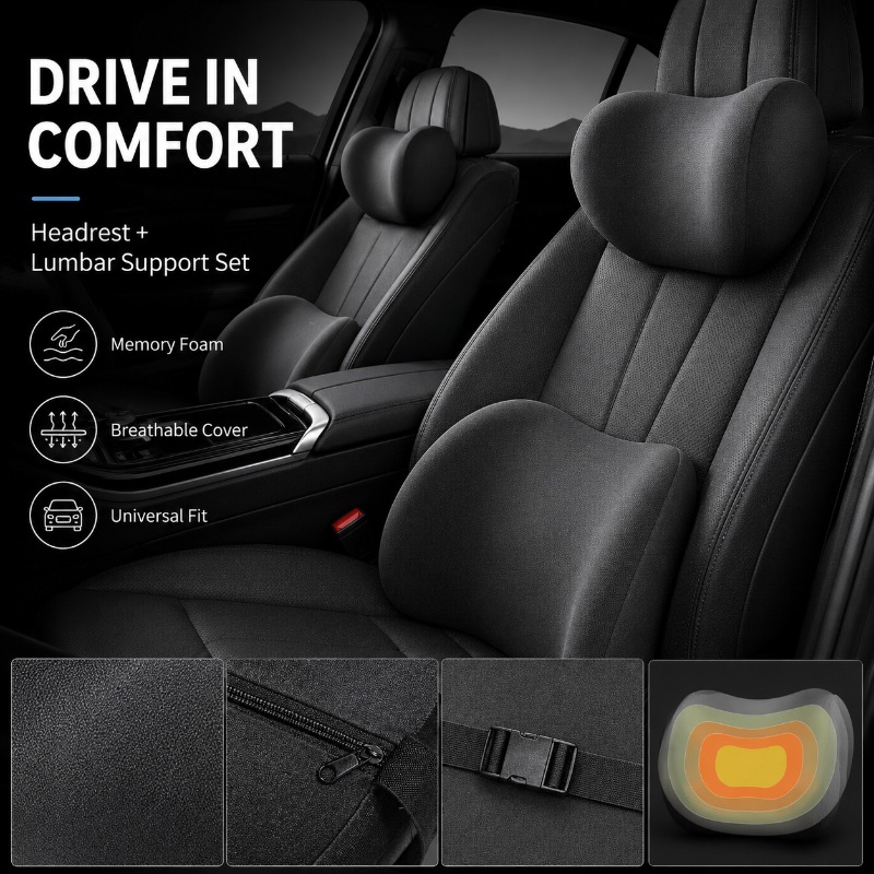 Memory Foam Car Neck Pillow Lumbar Support - Conjunto de Almofada para Apoio de